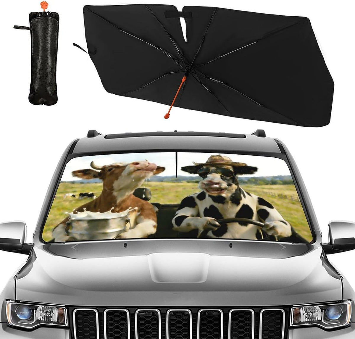 Funny Cow Driving Car Sunshade Umbrella Fun Cow Drink Milk Windshield Sun Shade for Car Retractable Umbrella Sunshades for Front Window Sun Shades Cover Visor Portector Block UV Rays