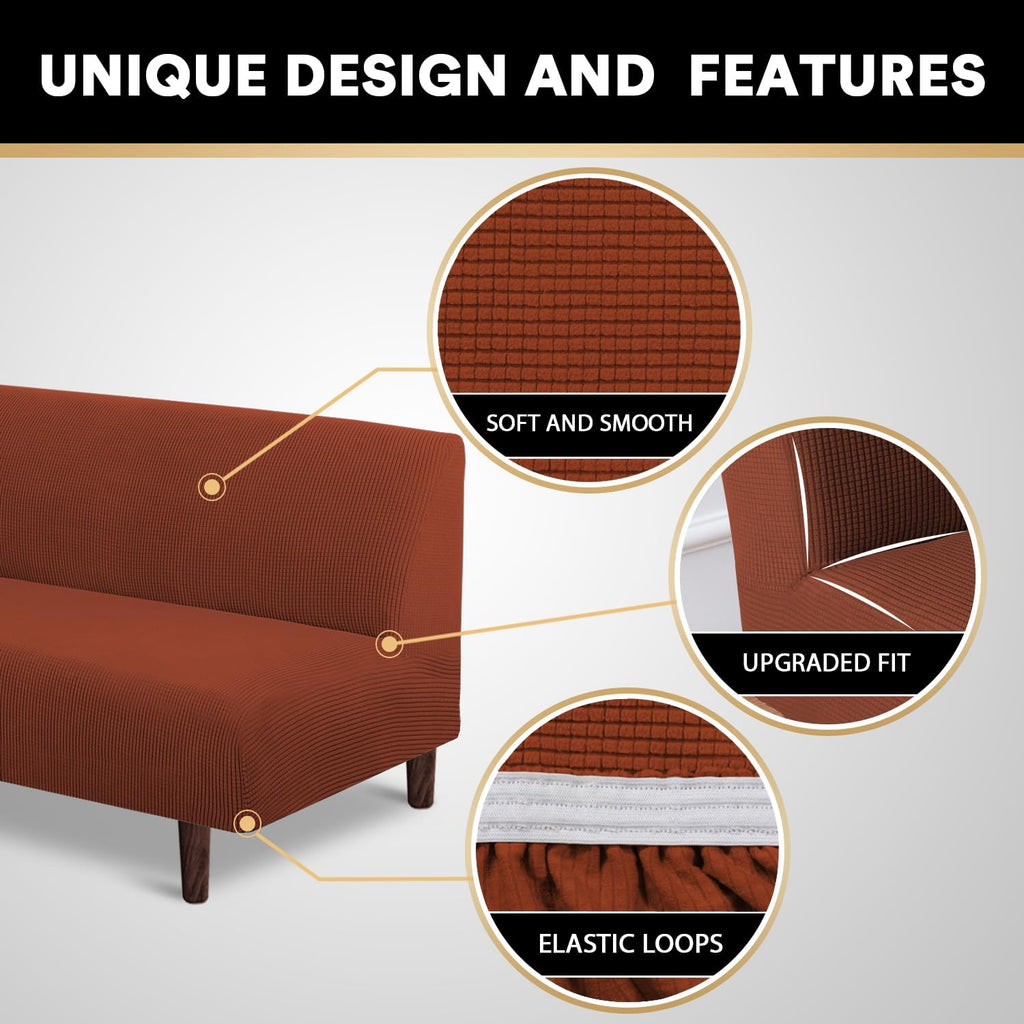 Stretch Armless Futon Cover Futon Slipcover Full Queen Size Futon Couch Cover Futon Sofa Cover Futon Bed Cover Furniture Protector with Elastic Bottom, Checked Pattern Jacquard (Futon, Rust)