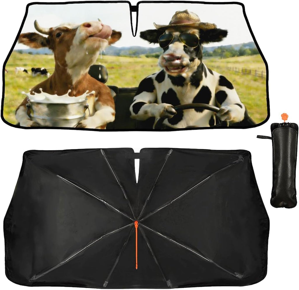 Funny Cow Driving Car Sunshade Umbrella Fun Cow Drink Milk Windshield Sun Shade for Car Retractable Umbrella Sunshades for Front Window Sun Shades Cover Visor Portector Block UV Rays