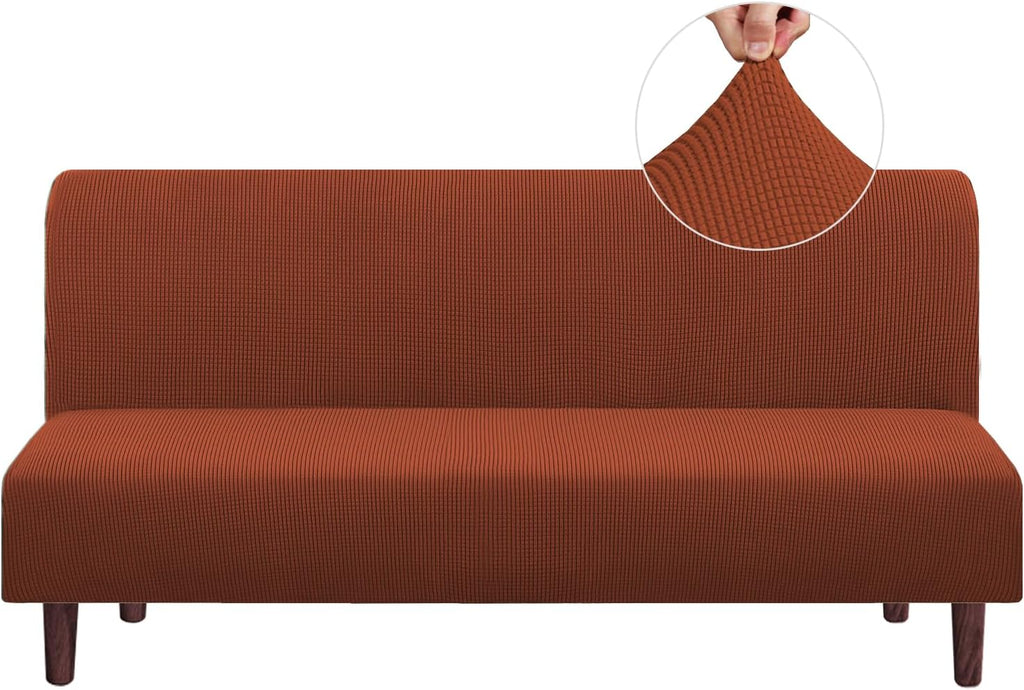 Stretch Armless Futon Cover Futon Slipcover Full Queen Size Futon Couch Cover Futon Sofa Cover Futon Bed Cover Furniture Protector with Elastic Bottom, Checked Pattern Jacquard (Futon, Rust)