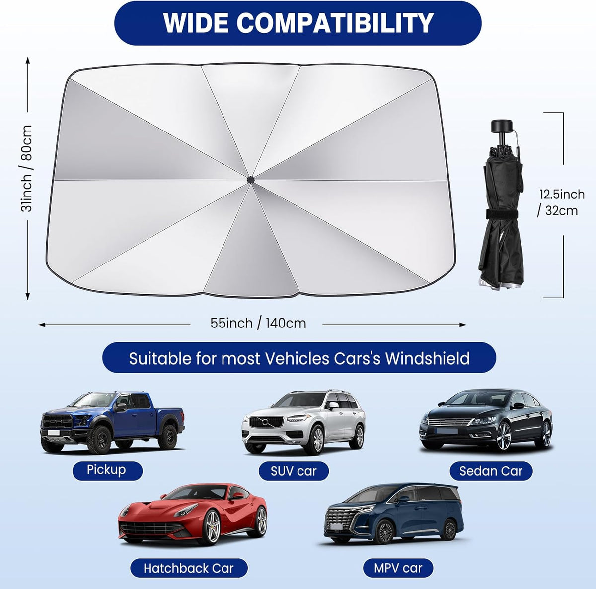 Windshield Sun Shade Umbrella, 55" X 31" Foldable Car Sun Shade