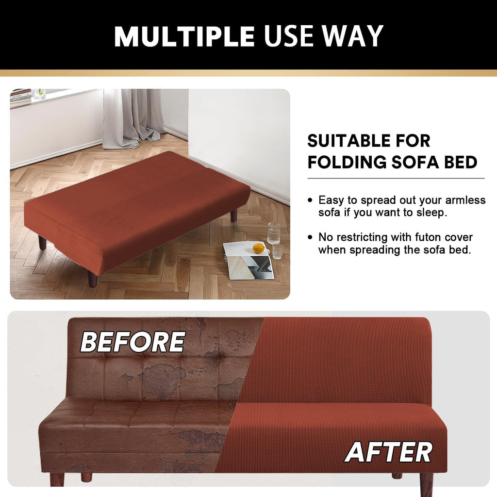 Stretch Armless Futon Cover Futon Slipcover Full Queen Size Futon Couch Cover Futon Sofa Cover Futon Bed Cover Furniture Protector with Elastic Bottom, Checked Pattern Jacquard (Futon, Rust)